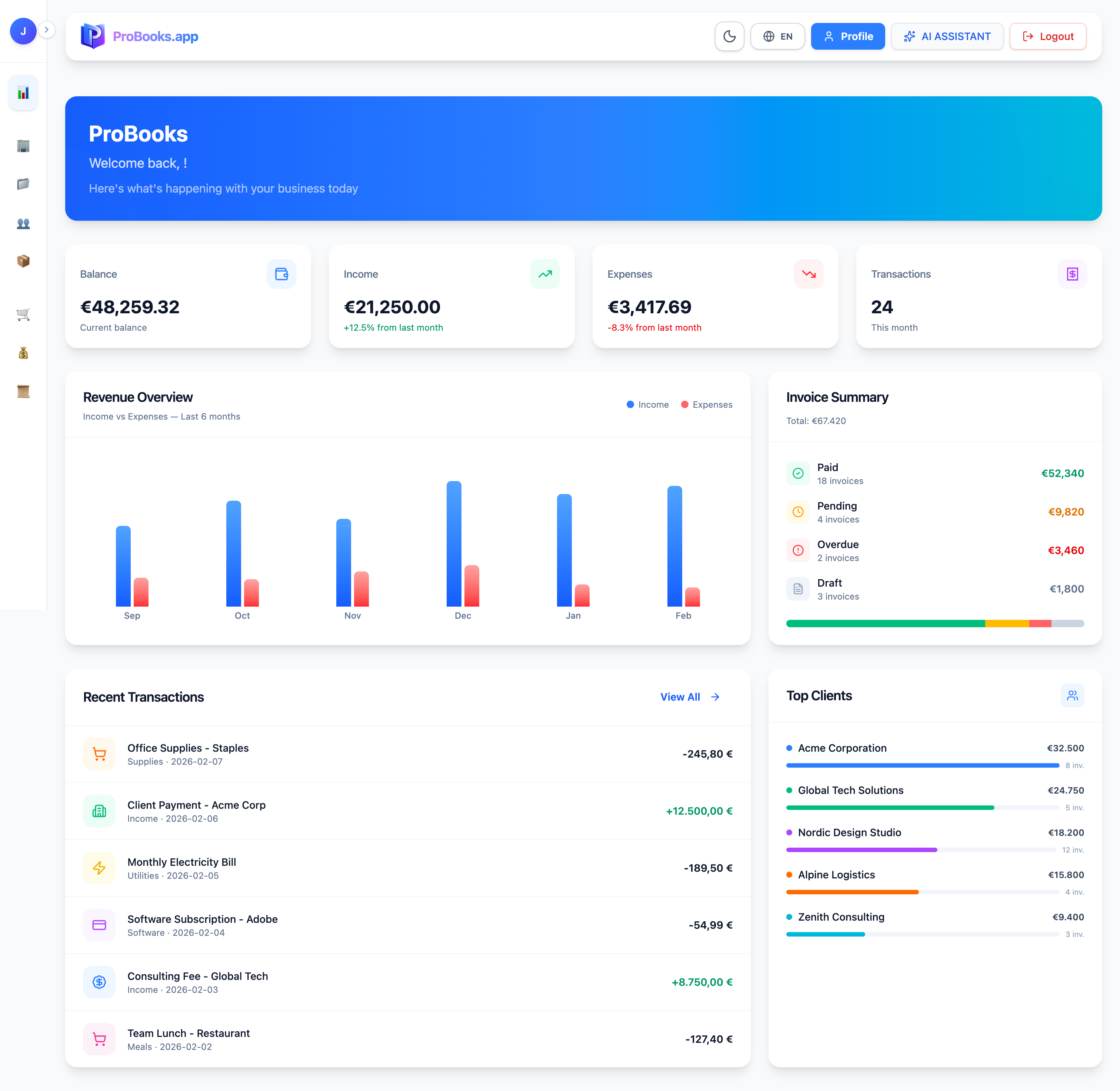 ProBooks.app dashboard showing balance, revenue chart, invoices, and transactions
